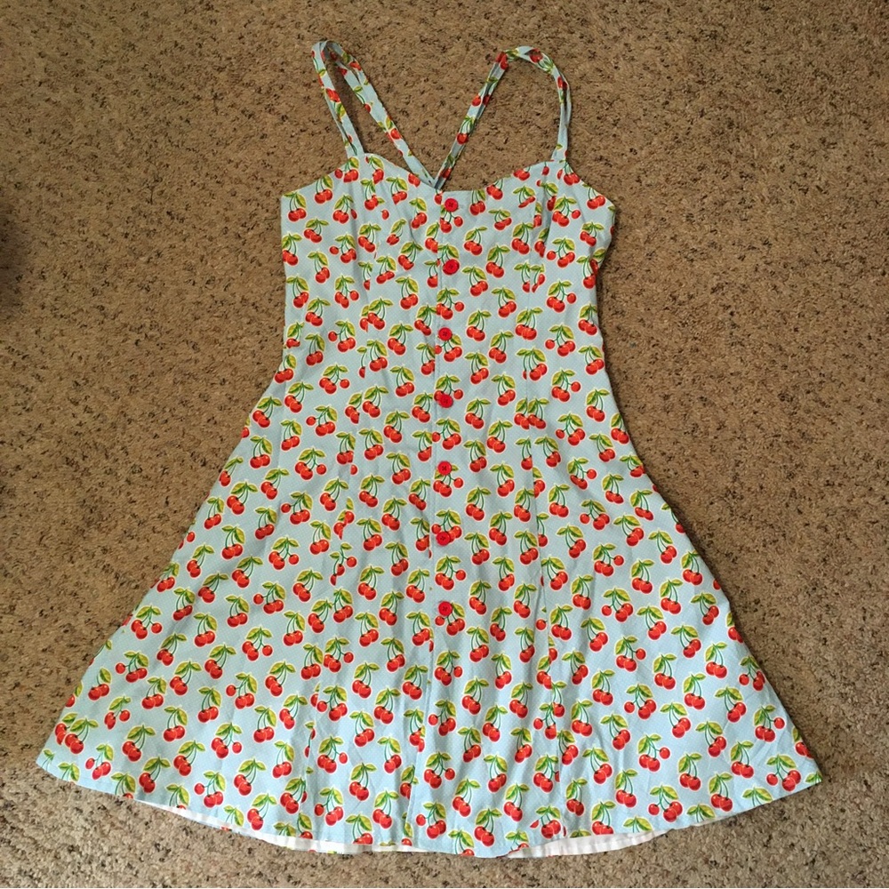 One of a kind handcrafted cherry & polka dot print retro style button down dress